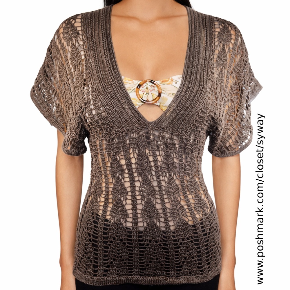 Theory Brown Crochet Knit Dolman Short Sleeve V-Neck Sweater Top